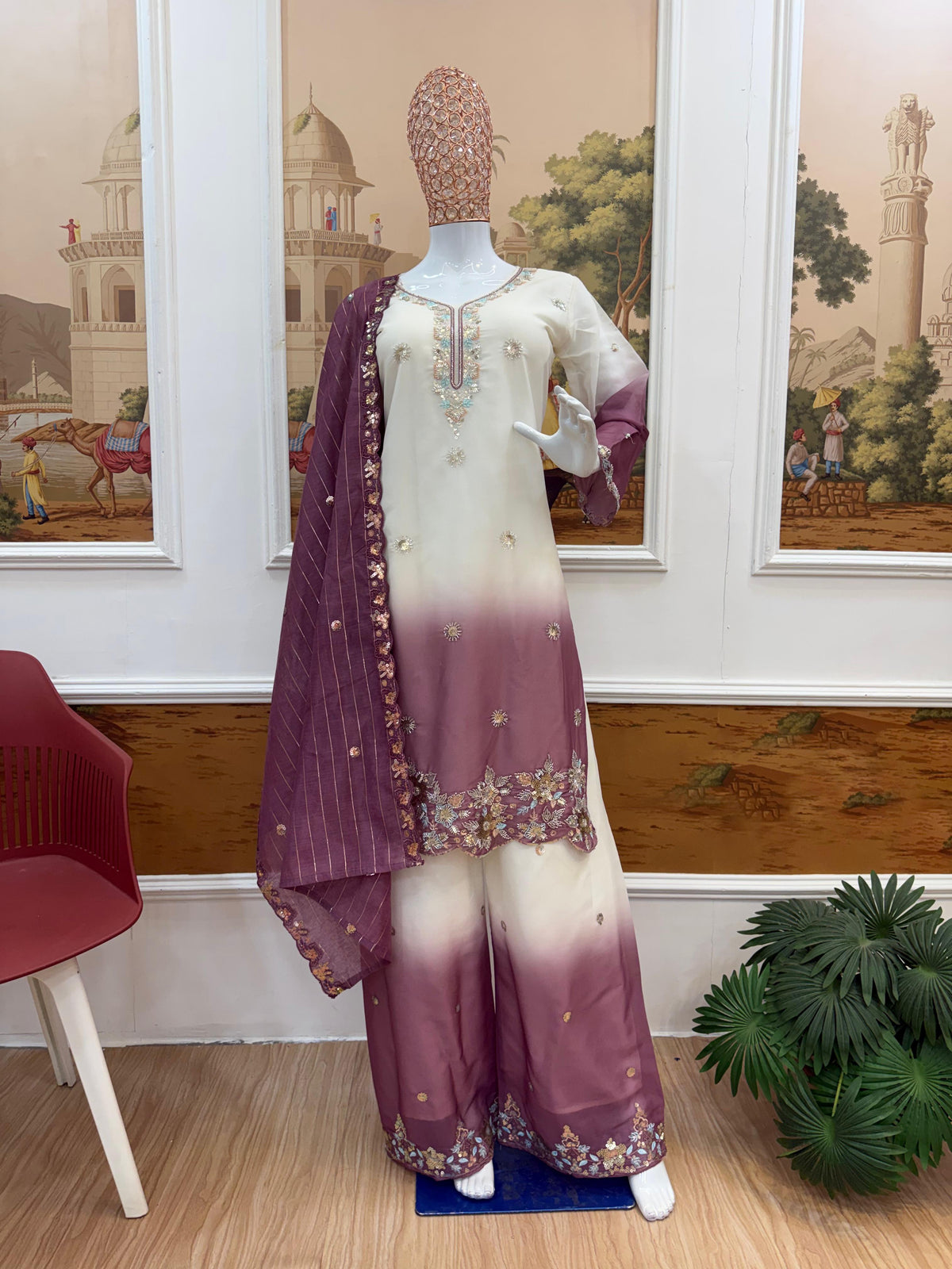 NEW LAUNCHING 3 PIECES KURTI, PLAZZO & DUPATTA WITH ORIGINAL BEADS CUT DANA WORK WHOLESALE GEELAN FASHION SURAT