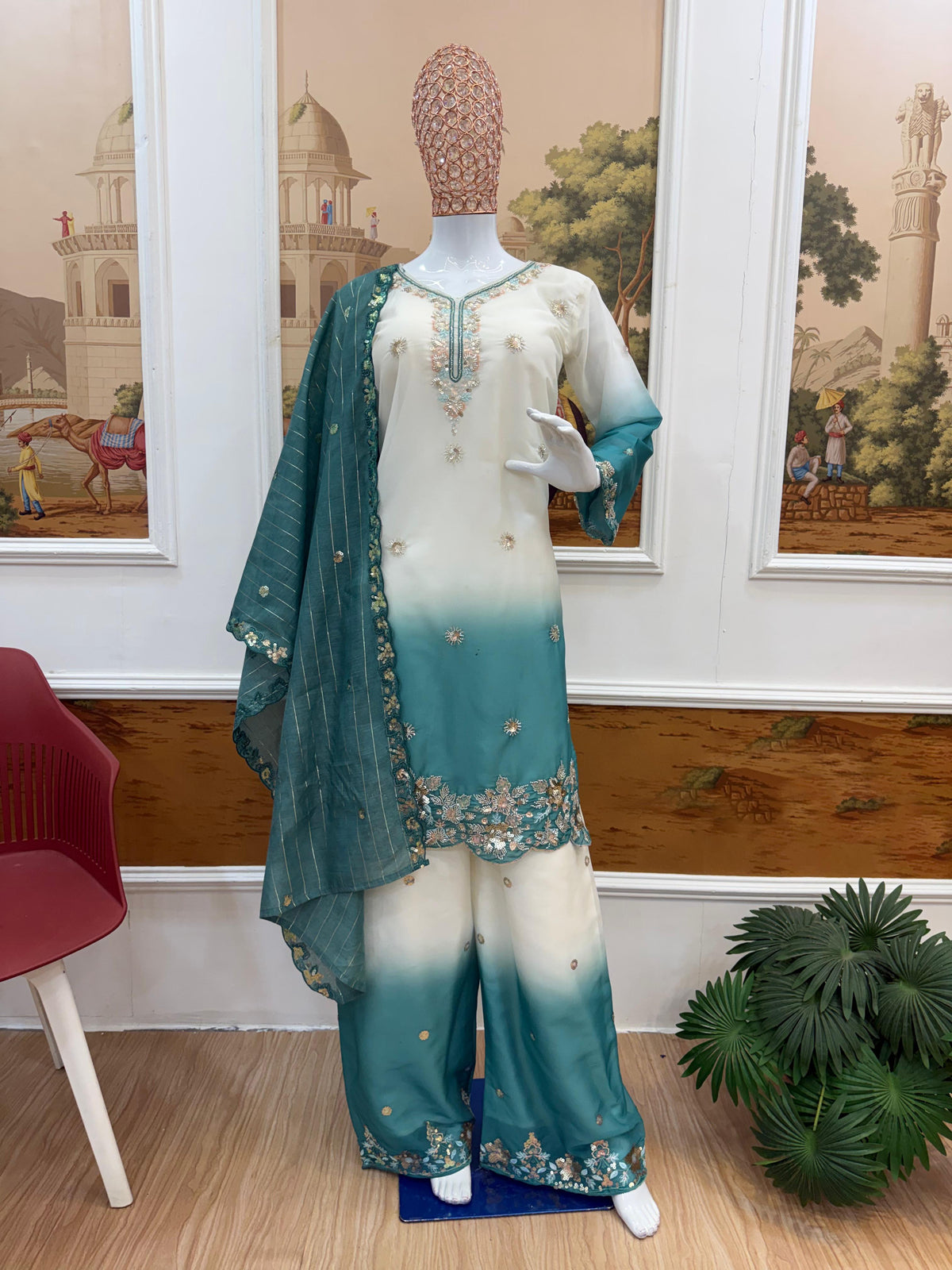 NEW LAUNCHING 3 PIECES KURTI, PLAZZO & DUPATTA WITH ORIGINAL BEADS CUT DANA WORK WHOLESALE GEELAN FASHION SURAT