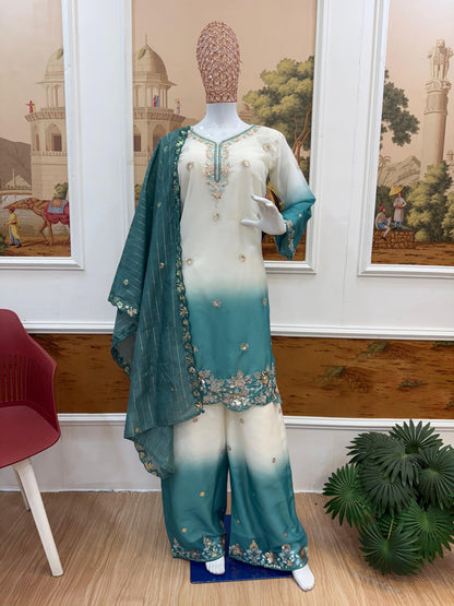 NEW LAUNCHING 3 PIECES KURTI, PLAZZO & DUPATTA WITH ORIGINAL BEADS CUT DANA WORK WHOLESALE GEELAN FASHION SURAT