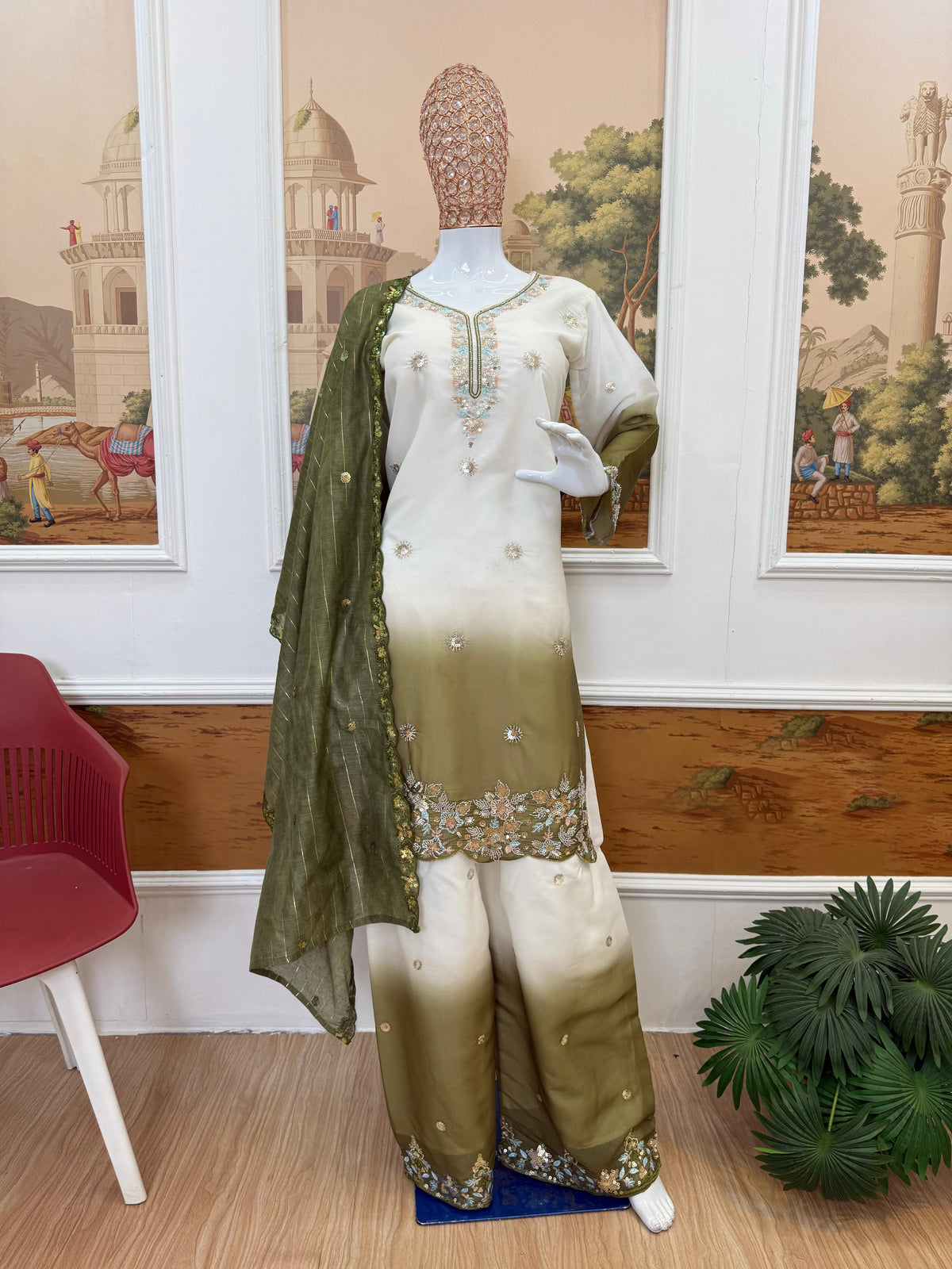 NEW LAUNCHING 3 PIECES KURTI, PLAZZO & DUPATTA WITH ORIGINAL BEADS CUT DANA WORK WHOLESALE GEELAN FASHION SURAT