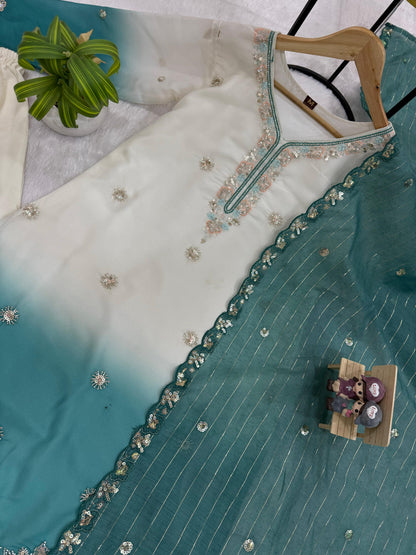 NEW LAUNCHING 3 PIECES KURTI, PLAZZO & DUPATTA WITH ORIGINAL BEADS CUT DANA WORK WHOLESALE GEELAN FASHION SURAT