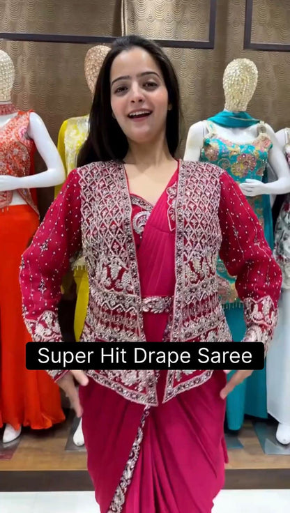 .INDO-WESTERN DRAPE SAREE…. 🚀 🥻WE ARE LAUNCHING NEW SUPERHIT TRENDING READY TO WEAR SAREE WITH FULLY EMBROIDERED KOTI ON  RANGOLI SILK FABRIC WITH STITCH BLOUSE WHOLESALE GEELAN FASHION SURAT