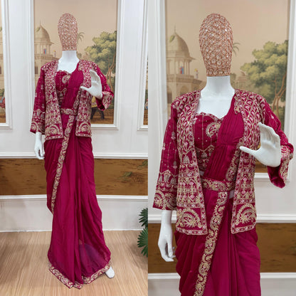 .INDO-WESTERN DRAPE SAREE…. 🚀 🥻WE ARE LAUNCHING NEW SUPERHIT TRENDING READY TO WEAR SAREE WITH FULLY EMBROIDERED KOTI ON  RANGOLI SILK FABRIC WITH STITCH BLOUSE WHOLESALE GEELAN FASHION SURAT