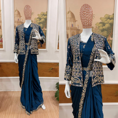 .INDO-WESTERN DRAPE SAREE…. 🚀 🥻WE ARE LAUNCHING NEW SUPERHIT TRENDING READY TO WEAR SAREE WITH FULLY EMBROIDERED KOTI ON  RANGOLI SILK FABRIC WITH STITCH BLOUSE WHOLESALE GEELAN FASHION SURAT