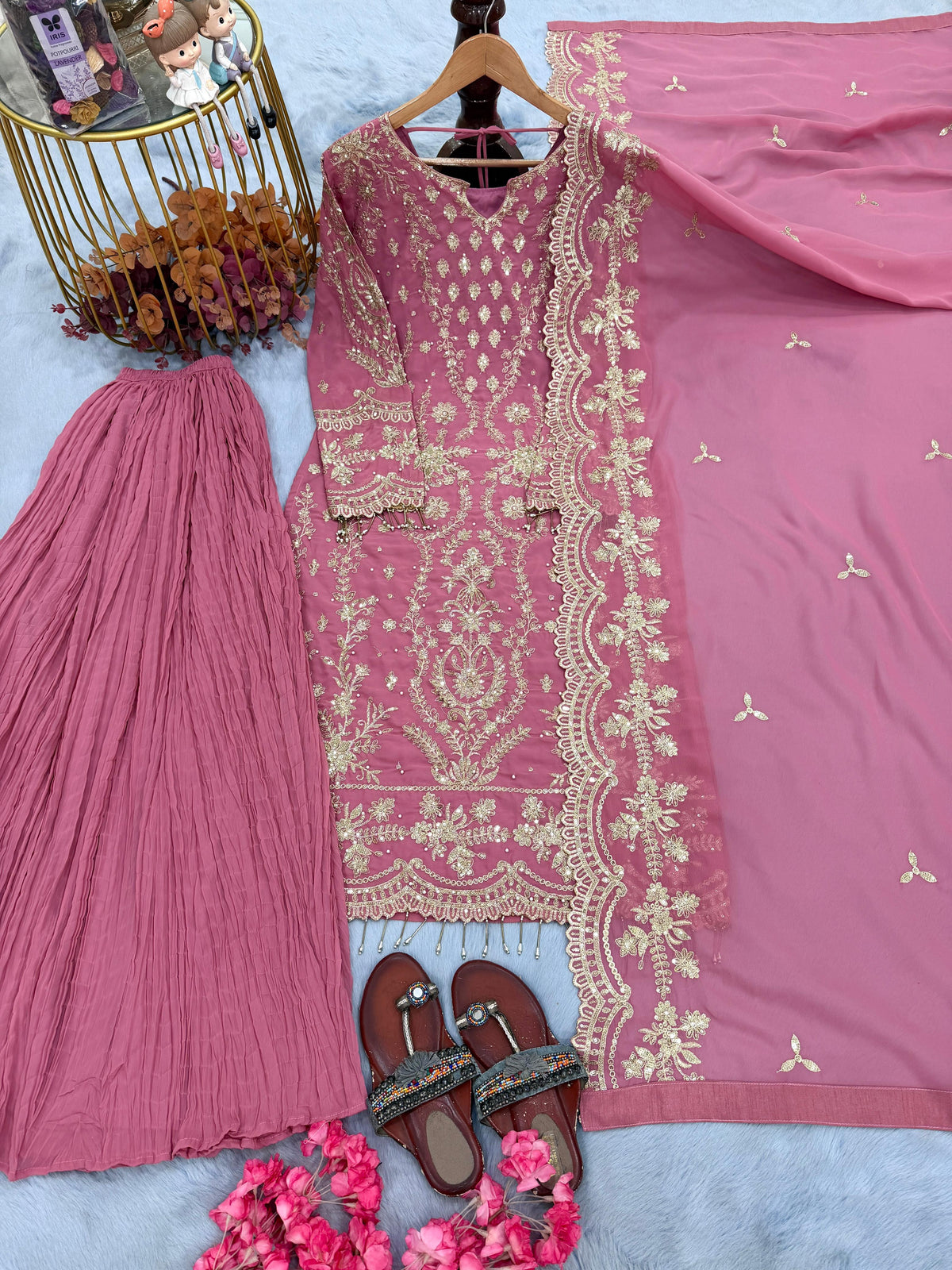 ĐĚSIGNER PARTY WEAR LOOK PUR HEAVY FAUX GEORGETTE TOP PLAZZO & DUPATTA SET WHOLESALE GEELAN FASHION SURAT