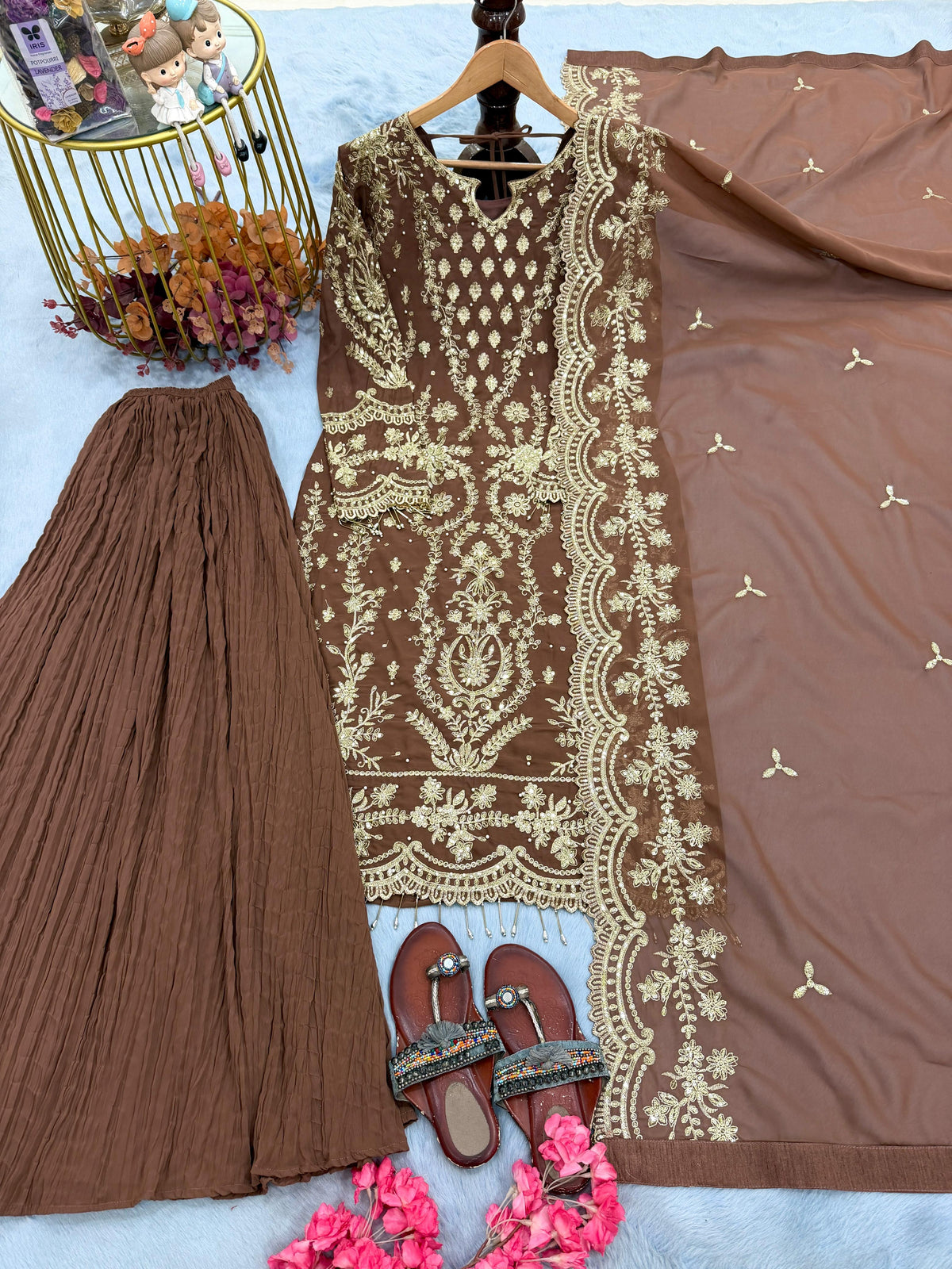 ĐĚSIGNER PARTY WEAR LOOK PUR HEAVY FAUX GEORGETTE TOP PLAZZO & DUPATTA SET WHOLESALE GEELAN FASHION SURAT