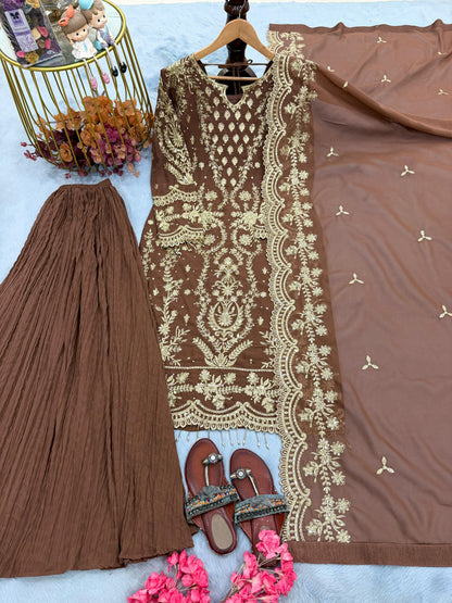 ĐĚSIGNER PARTY WEAR LOOK PUR HEAVY FAUX GEORGETTE TOP PLAZZO & DUPATTA SET WHOLESALE GEELAN FASHION SURAT