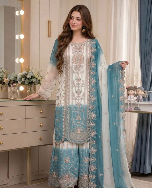 ĐĚSIGNER PARTY WEAR LOOK PUR HEAVY DUAL TONE PEDING STAR GEORGETTE TOP PLAZZO & DUPATTA SET WHOLESALE GEELAN FASHION SURAT