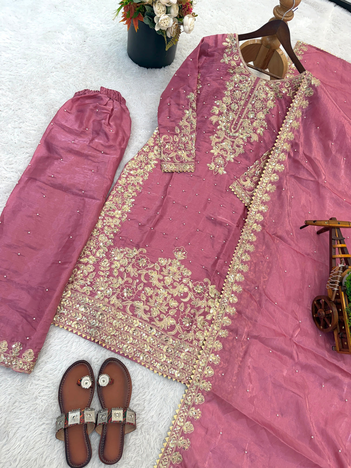 NEW DESIGNER COLLECTION IN GMY SILK WITH HEAVY EMBROIDERY CODING SEQUENCE WORK TOP-BOTTOM AND DUPATTA SET FULLY STITCHED READY TO WEAR WHOLESALE GEELAN FASHION SURAT