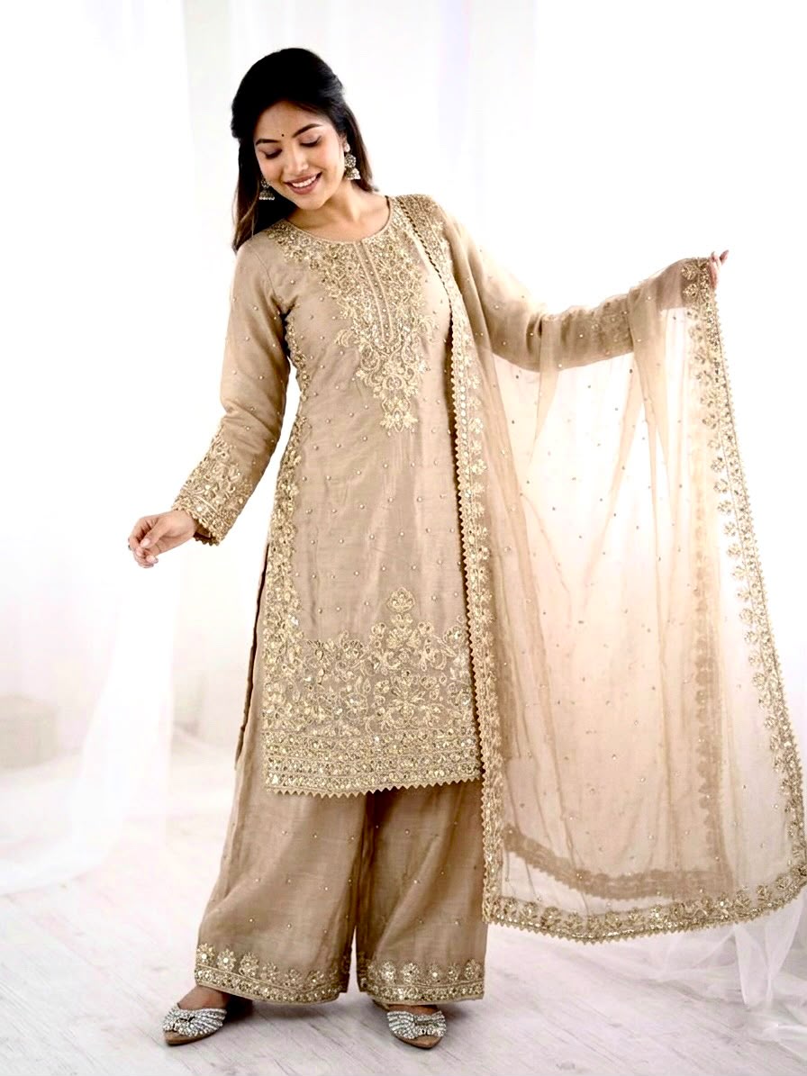 NEW DESIGNER COLLECTION IN GMY SILK WITH HEAVY EMBROIDERY CODING SEQUENCE WORK TOP-BOTTOM AND DUPATTA SET FULLY STITCHED READY TO WEAR WHOLESALE GEELAN FASHION SURAT