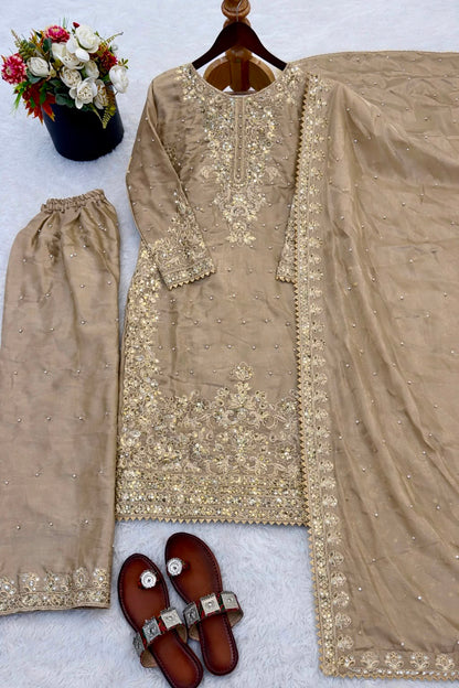 NEW DESIGNER COLLECTION IN GMY SILK WITH HEAVY EMBROIDERY CODING SEQUENCE WORK TOP-BOTTOM AND DUPATTA SET FULLY STITCHED READY TO WEAR WHOLESALE GEELAN FASHION SURAT