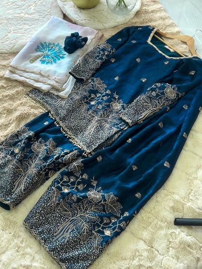 NEW 🦋 ĐĚSIGNER PARTY WEAR LOOK PUR FENDI SILK TOP & FARSHI PALAZZO WITH DUPATTA SET WHOLESALE GEELAN FASHION SURAT