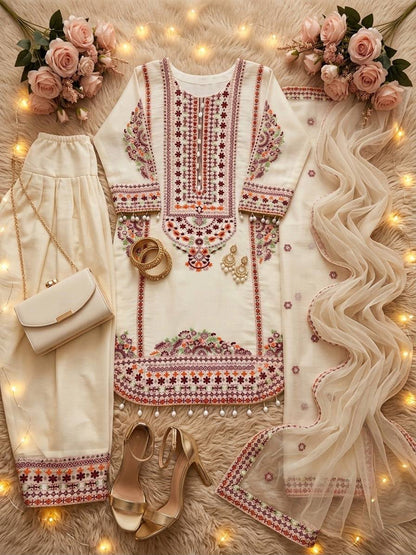 NEW DESIGNER HEAVY MAL CHANDERI TOP PLAZZO & DUPATTA SET WHOLESALE GEELAN FASHION SURAT