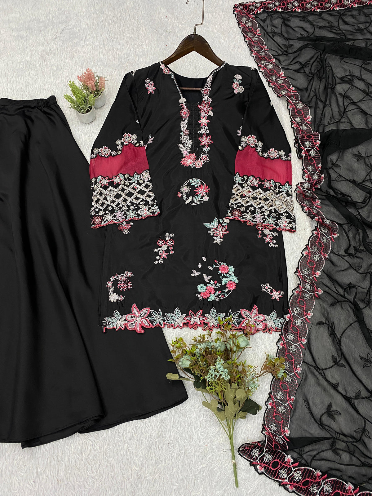 THIS WEDDING SEASON WEAR OUR BEAUTIFUL SEQUENCE EMBROIDERED WITH CUT WORKED TOP , PLAZZO WITH DUPATTA WHOLESALE GEELAN FASHION SURAT