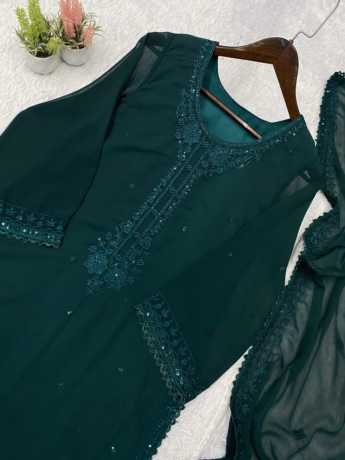 THIS WEDDING SEASON WEAR OUR BEAUTIFUL SEQUENCE EMBROIDERED TOP , PANT WITH DUPATTA WHOLESALE GEELAN FASHION SURAT