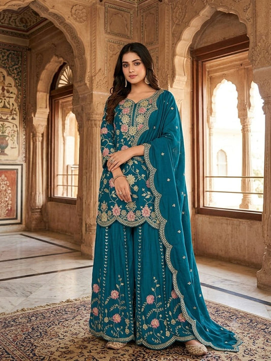 NEW FASHIONABLE COLLECTION 3 PIECE FANCY KURTI WITH FLARED PLAZZO AND DUPATTA WHOLESALE GEELAN FASHION SURAT