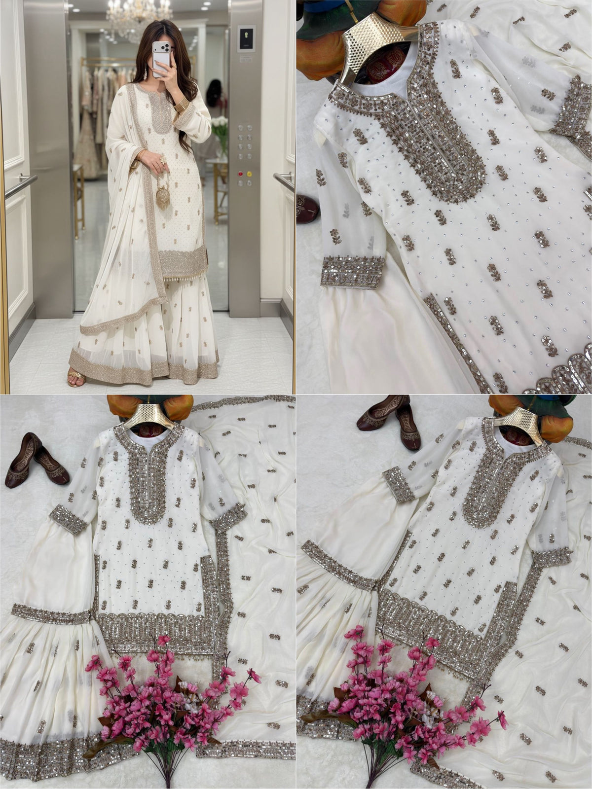 FAUX GEORGETTE EMBROIDERED KURTI SHARARA SET WITH DUPATTA WHOLESALE GEELAN FASHION SURAT