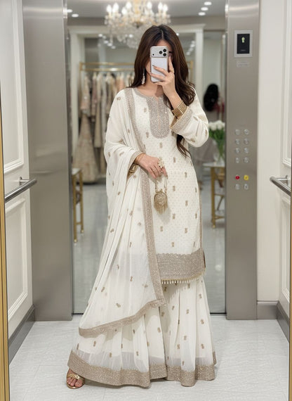 FAUX GEORGETTE EMBROIDERED KURTI SHARARA SET WITH DUPATTA WHOLESALE GEELAN FASHION SURAT