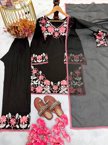 ĐĚSIGNER PARTY WEAR LOOK PUR SATIN RAYON TOP & FARSHI PALAZZO WITH DUPATTA SET WHOLESALE GEELAN FASHION SURAT