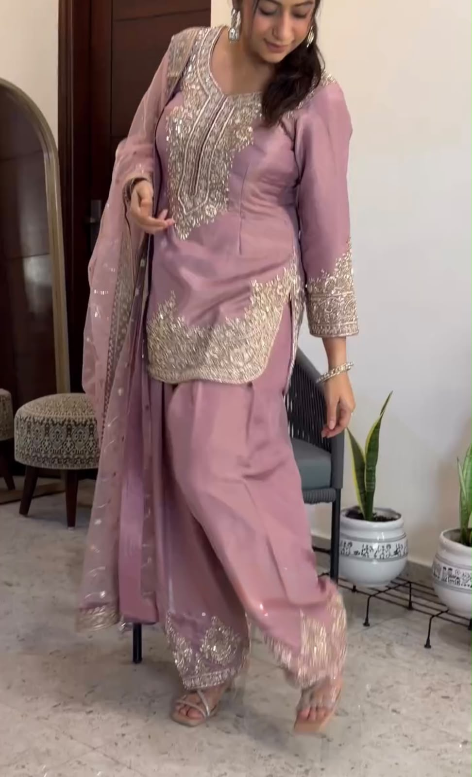 NEW 🦋 ĐĚSIGNER PARTY WEAR LOOK PUR NC MOSS SILK TOP & FARSHI PALAZZO WITH DUPATTA SET WHOLESALE GEELAN FASHION SURAT