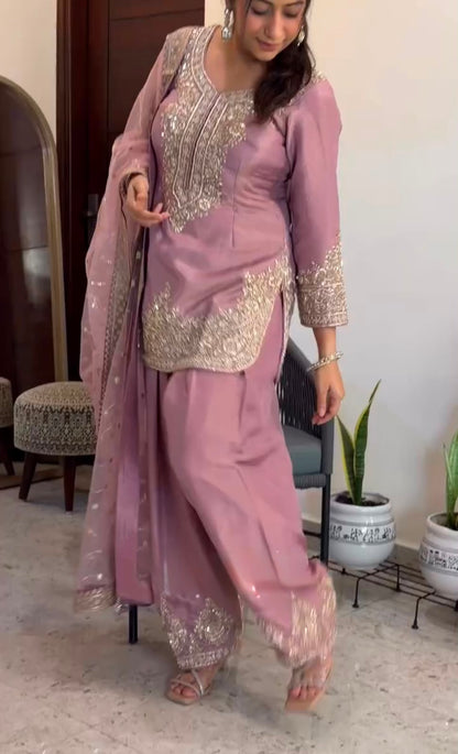 NEW 🦋 ĐĚSIGNER PARTY WEAR LOOK PUR NC MOSS SILK TOP & FARSHI PALAZZO WITH DUPATTA SET WHOLESALE GEELAN FASHION SURAT