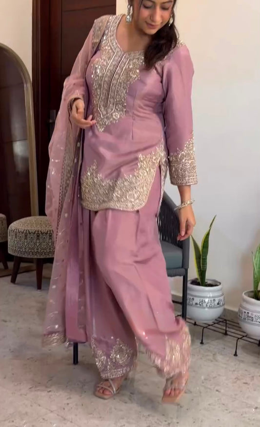 NEW 🦋 ĐĚSIGNER PARTY WEAR LOOK PUR NC MOSS SILK TOP & FARSHI PALAZZO WITH DUPATTA SET WHOLESALE GEELAN FASHION SURAT