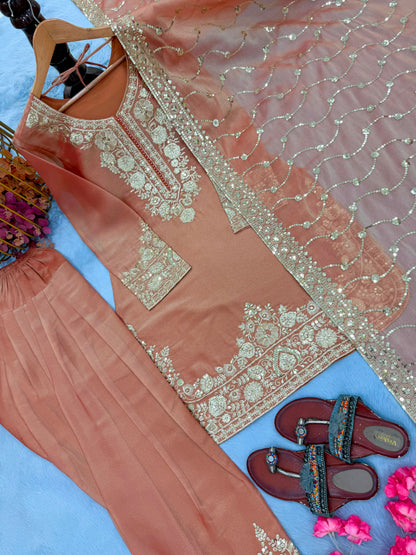NEW 🦋 ĐĚSIGNER PARTY WEAR LOOK PUR NC MOSS SILK TOP & FARSHI PALAZZO WITH DUPATTA SET WHOLESALE GEELAN FASHION SURAT