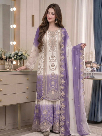 ĐĚSIGNER PARTY WEAR LOOK PUR HEAVY DUAL TONE PEDING STAR GEORGETTE TOP PLAZZO & DUPATTA SET WHOLESALE GEELAN FASHION SURAT