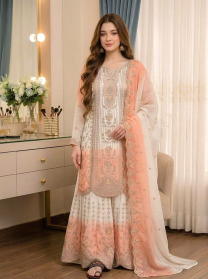 ĐĚSIGNER PARTY WEAR LOOK PUR HEAVY DUAL TONE PEDING STAR GEORGETTE TOP PLAZZO & DUPATTA SET WHOLESALE GEELAN FASHION SURAT