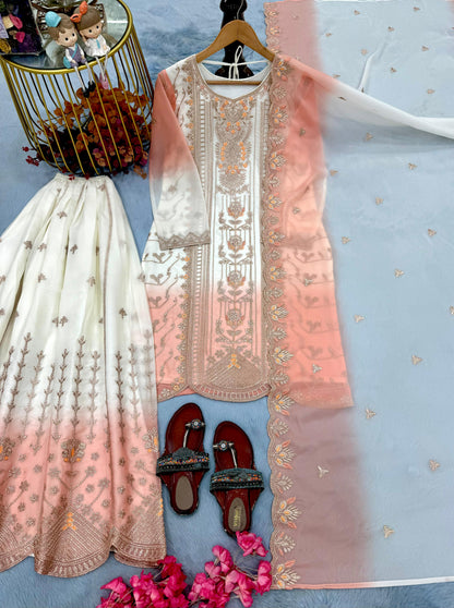 ĐĚSIGNER PARTY WEAR LOOK PUR HEAVY DUAL TONE PEDING STAR GEORGETTE TOP PLAZZO & DUPATTA SET WHOLESALE GEELAN FASHION SURAT