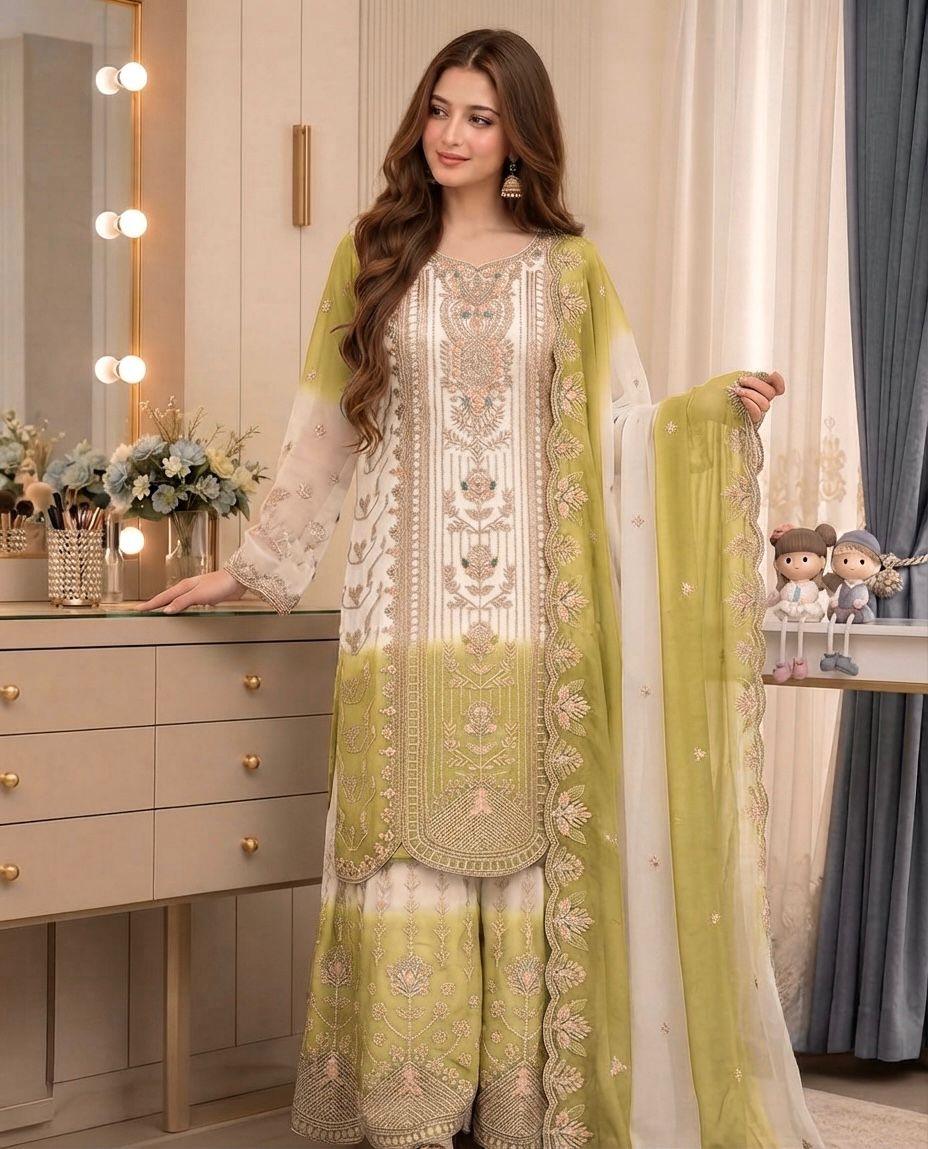 ĐĚSIGNER PARTY WEAR LOOK PUR HEAVY DUAL TONE PEDING STAR GEORGETTE TOP PLAZZO & DUPATTA SET WHOLESALE GEELAN FASHION SURAT