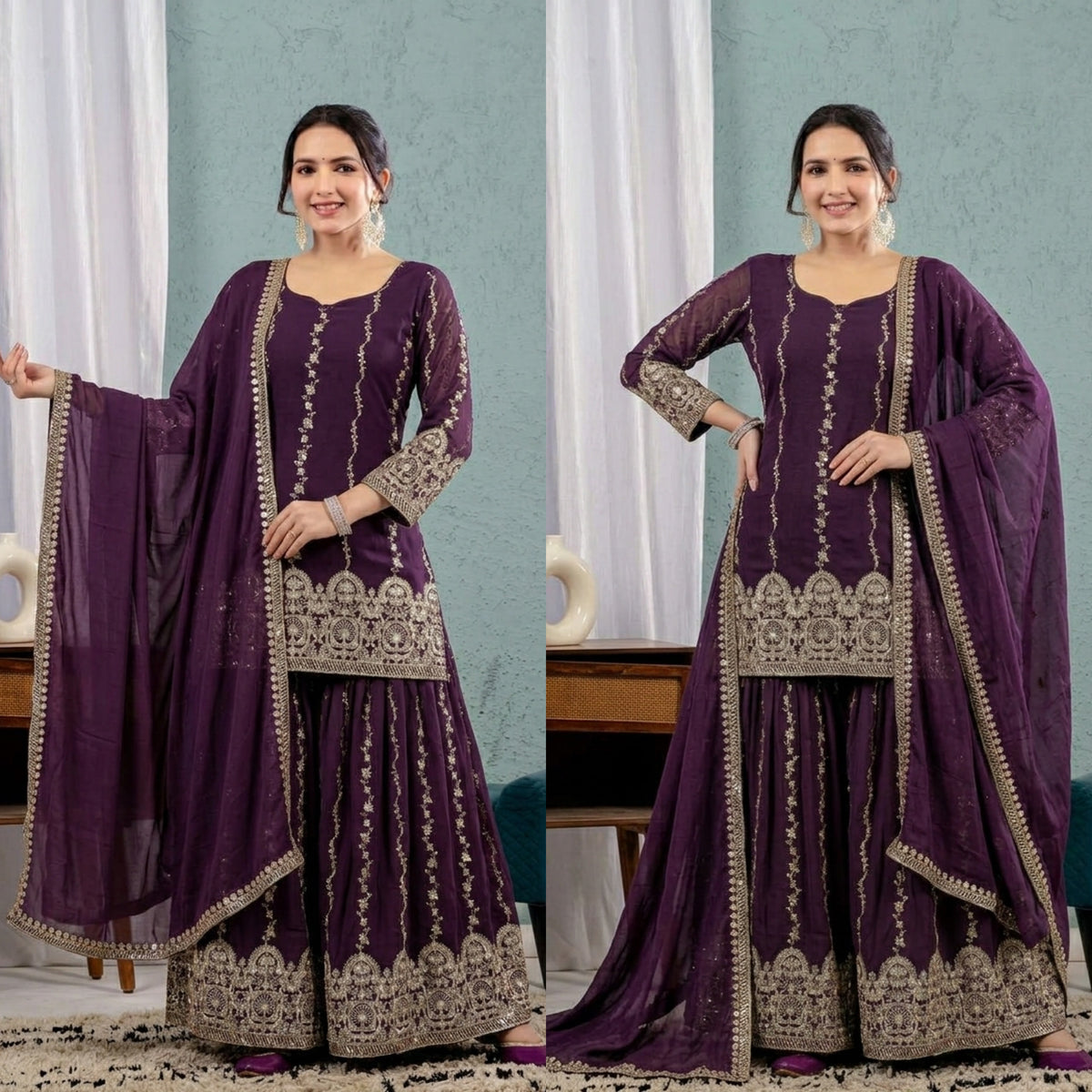 NEW DESIGNER PARTY WEAR LOOK TOP , SHARARA PLAZZO  AND DUPATTA WHOLESALE GEELAN FASHION SURAT