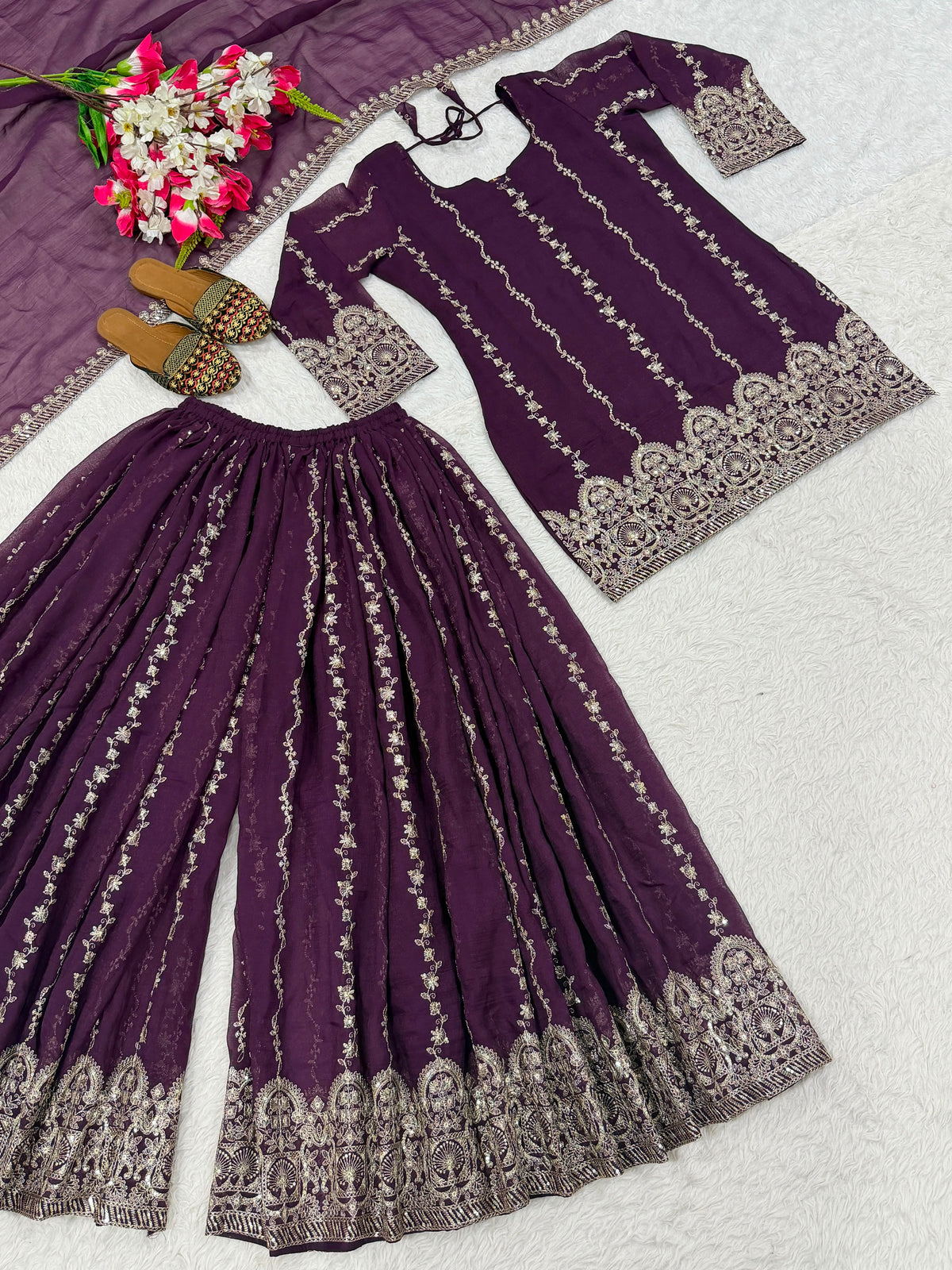 NEW DESIGNER PARTY WEAR LOOK TOP , SHARARA PLAZZO  AND DUPATTA WHOLESALE GEELAN FASHION SURAT