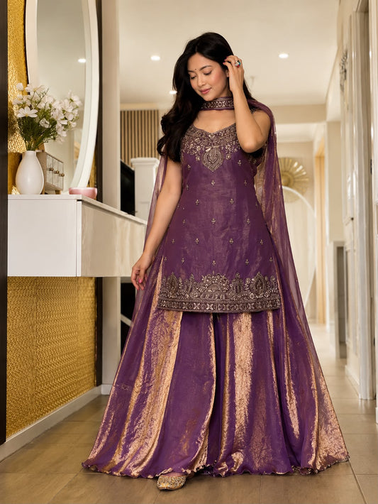 PREMIUM QUALITY WITH EMBROIDERY SEQUENCE WORKED TOP-PLAZZO AND DUPATTA SET FULLY STITCHED READY TO WEAR WHOLESALE GEELAN FASHION SURAT