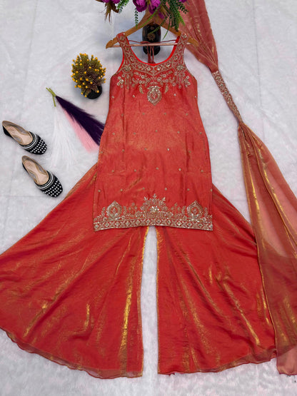PREMIUM QUALITY WITH EMBROIDERY SEQUENCE WORKED TOP-PLAZZO AND DUPATTA SET FULLY STITCHED READY TO WEAR WHOLESALE GEELAN FASHION SURAT