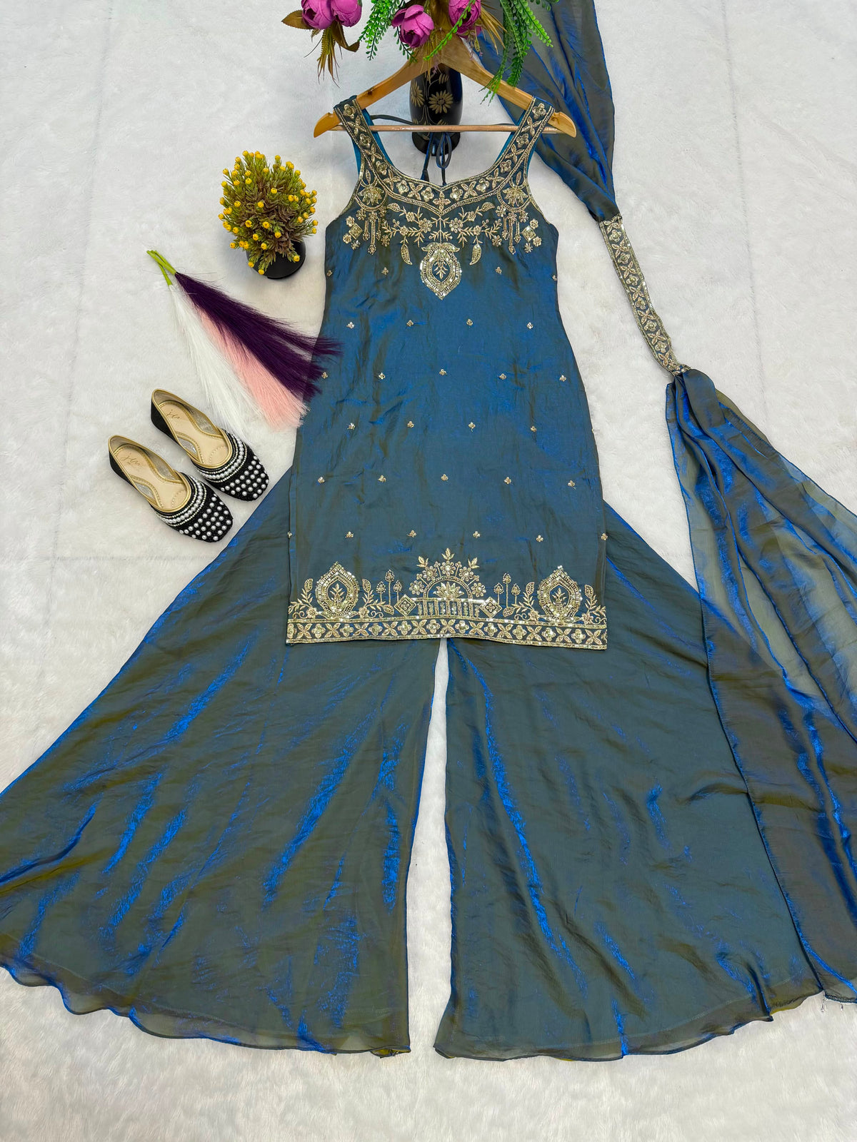 PREMIUM QUALITY WITH EMBROIDERY SEQUENCE WORKED TOP-PLAZZO AND DUPATTA SET FULLY STITCHED READY TO WEAR WHOLESALE GEELAN FASHION SURAT