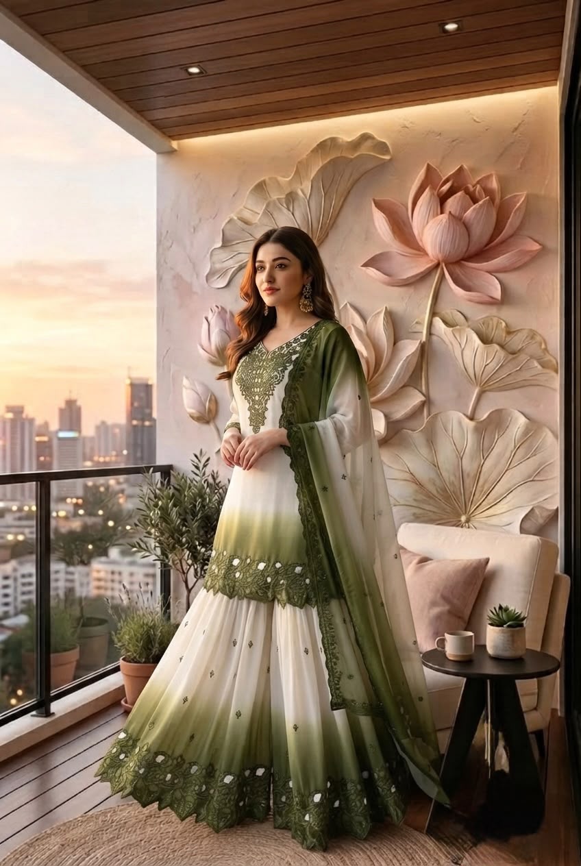 ĐĚSIGNER PARTY WEAR LOOK PUR HEAVY DUAL TONE PEDING STAR GEORGETTE TOP PLAZZO & DUPATTA SET WHOLESALE GEELAN FASHION SURAT
