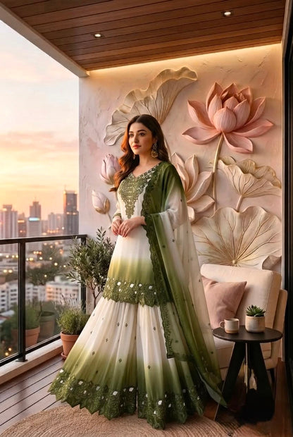 ĐĚSIGNER PARTY WEAR LOOK PUR HEAVY DUAL TONE PEDING STAR GEORGETTE TOP PLAZZO & DUPATTA SET WHOLESALE GEELAN FASHION SURAT