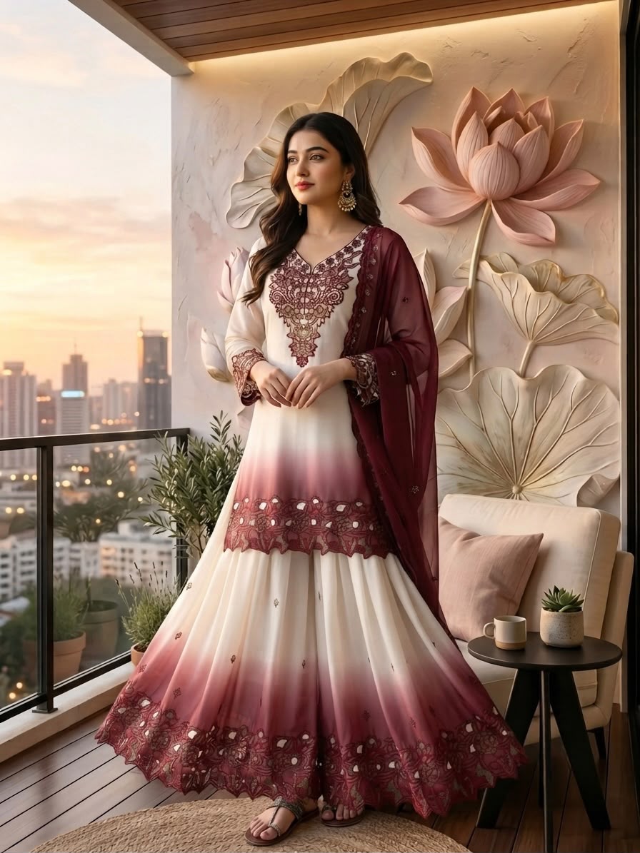 ĐĚSIGNER PARTY WEAR LOOK PUR HEAVY DUAL TONE PEDING STAR GEORGETTE TOP PLAZZO & DUPATTA SET WHOLESALE GEELAN FASHION SURAT