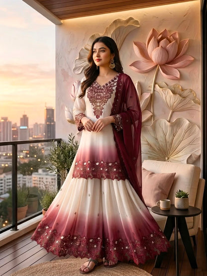 ĐĚSIGNER PARTY WEAR LOOK PUR HEAVY DUAL TONE PEDING STAR GEORGETTE TOP PLAZZO & DUPATTA SET WHOLESALE GEELAN FASHION SURAT