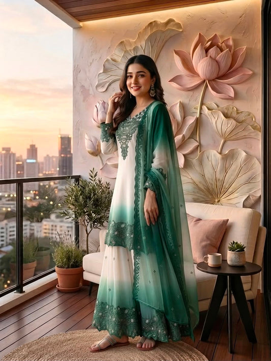 ĐĚSIGNER PARTY WEAR LOOK PUR HEAVY DUAL TONE PEDING STAR GEORGETTE TOP PLAZZO & DUPATTA SET WHOLESALE GEELAN FASHION SURAT