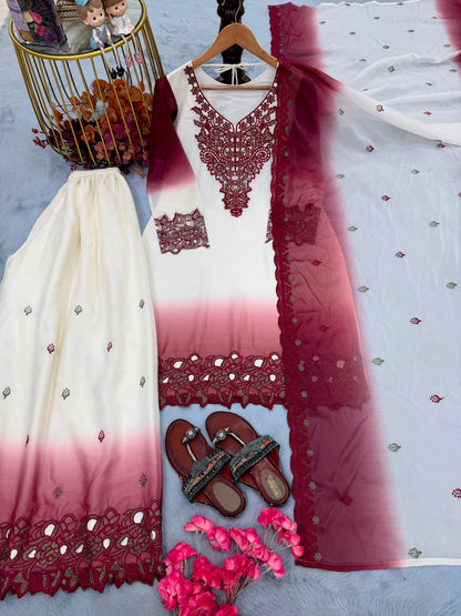 ĐĚSIGNER PARTY WEAR LOOK PUR HEAVY DUAL TONE PEDING STAR GEORGETTE TOP PLAZZO & DUPATTA SET WHOLESALE GEELAN FASHION SURAT