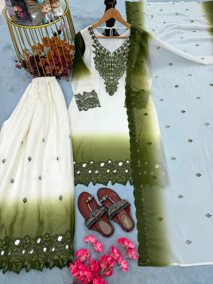 ĐĚSIGNER PARTY WEAR LOOK PUR HEAVY DUAL TONE PEDING STAR GEORGETTE TOP PLAZZO & DUPATTA SET WHOLESALE GEELAN FASHION SURAT