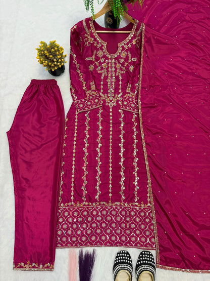 DESIRABLE FANCY LONG SUITS EMBROIDERY WORK TOP AND PENT WITH DUPATTA WHOLESALE GEELAN FASHION SURAT