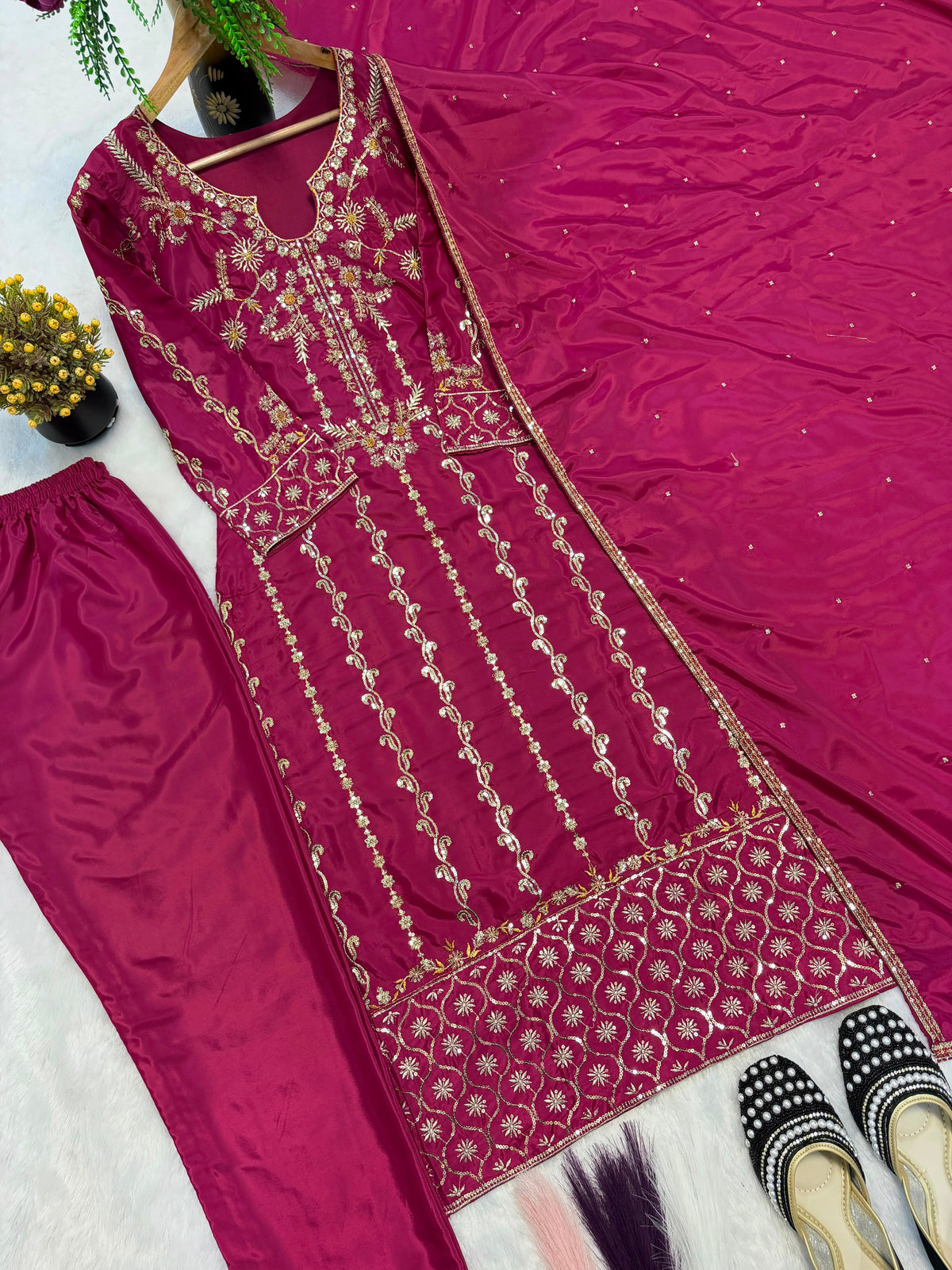DESIRABLE FANCY LONG SUITS EMBROIDERY WORK TOP AND PENT WITH DUPATTA WHOLESALE GEELAN FASHION SURAT