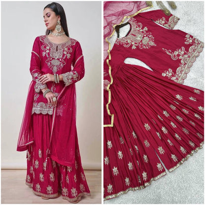 NEW READY TO WEAR COLLECTION 3 PIECE FANCY KURTI WITH BEAUTIFUL FLAIRED PLAZZO AND DUPATTA WHOLESALE GEELAN FASHION SURAT