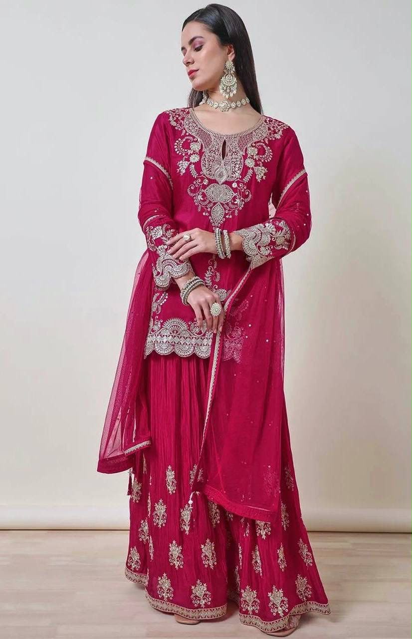 NEW READY TO WEAR COLLECTION 3 PIECE FANCY KURTI WITH BEAUTIFUL FLAIRED PLAZZO AND DUPATTA WHOLESALE GEELAN FASHION SURAT