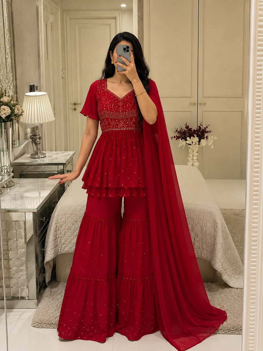 DRAPE YOURSELF IN ELEGANCE WITH THIS SHARARA STYLE GEORGETTE SHARARA SET PAIRED WITH A BEAUTIFUL DUPATTA. WHOLESALE GEELAN FASHION SURAT