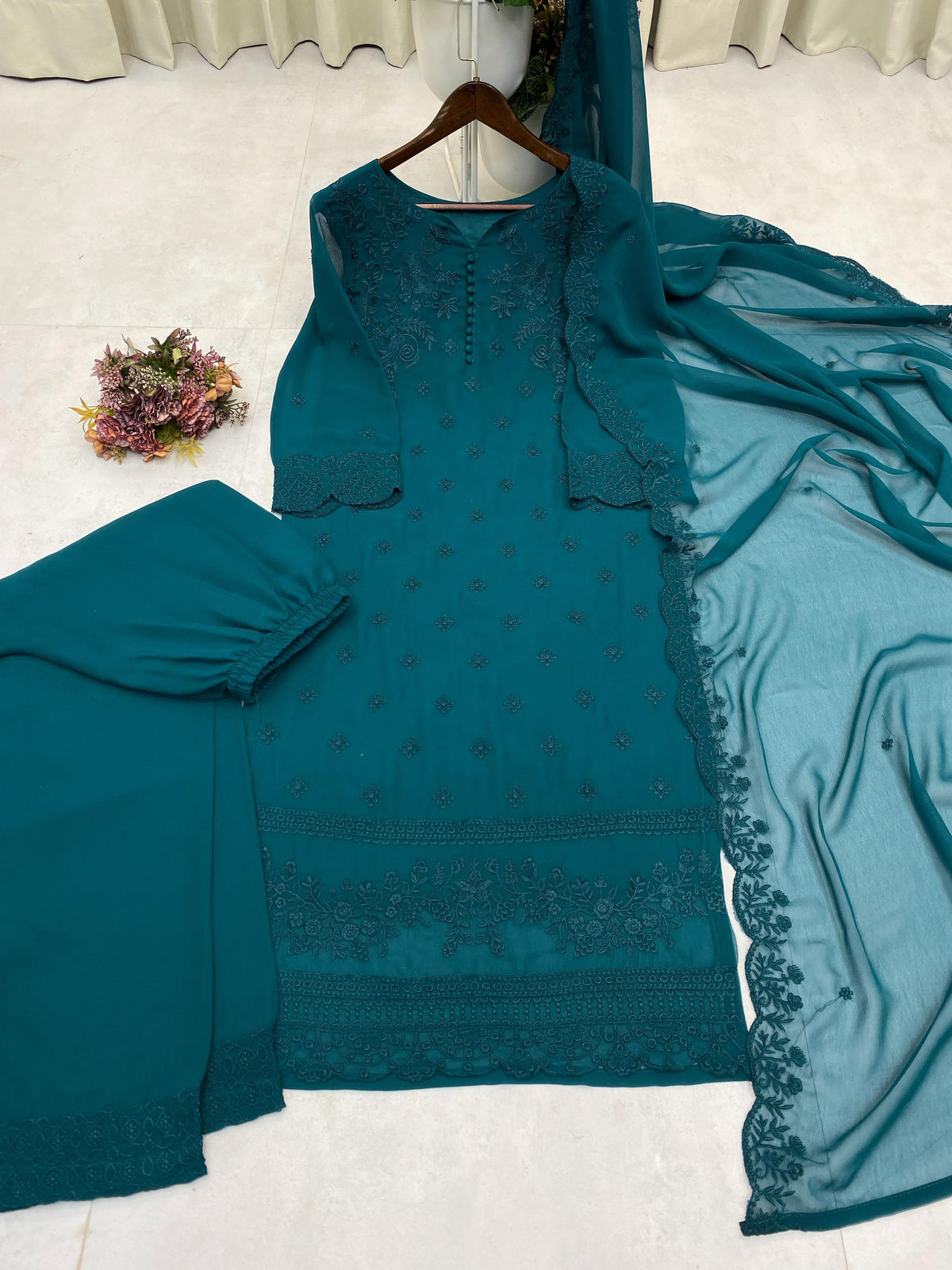 DESIGNER TRENDING  PUMPUM NECK TOP WITH EMBROIDERY WORK WITH PANT AND DUPATTA WHOLESALE GEELAN FASHION SURAT