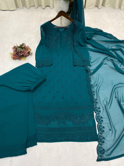 DESIGNER TRENDING  PUMPUM NECK TOP WITH EMBROIDERY WORK WITH PANT AND DUPATTA WHOLESALE GEELAN FASHION SURAT
